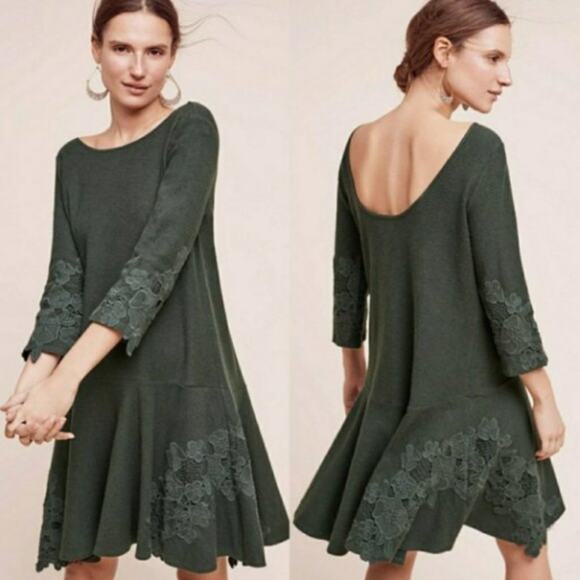 Anthropologie | Dresses | Anthropologie Maeve Tierra Drop Waist Linen Blend  Floral Applique Green Xs | Poshmark